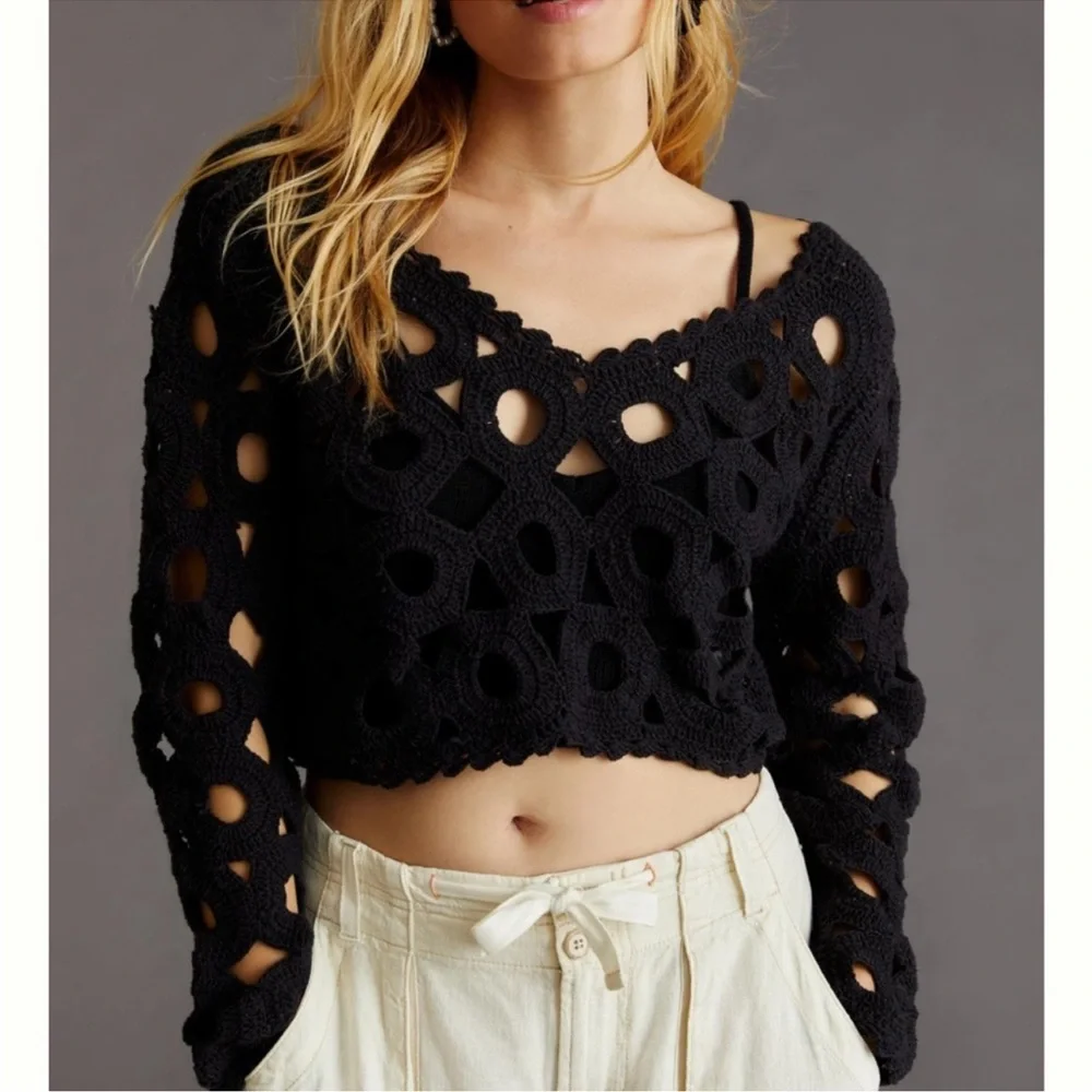 Anthropologie Maeve Cut-Out Crochet Topper in Black One Size MSRP $130